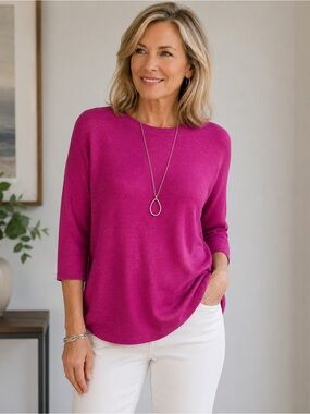 Eileen Fisher Fuchsia Tencel Silk Ribbed Knit 3/4 Inch Sleeve Sweater Top Size L